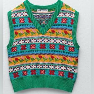 ZARA Knit Jacquard Floral Vest Vintage Crochet Top